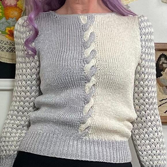 Vintage Gray & White Puff Sleeve Sweater, 1980s Cable Knit Nannell Boatneck Sz S - Picture 5 of 15